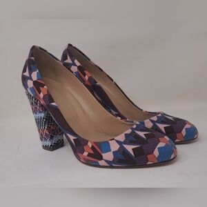 J. Crew Blakely Printed  Pumps Chunky Block Heels Italy Geometric Tribal 8.5 US